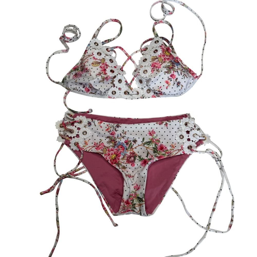 ISABELLA ROSE Bikini Set White Floral Polka Dot Crochet Lace Up Women's Small